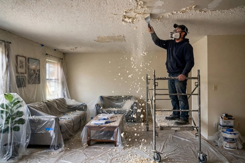 popcorn ceiling removal cost: contractor preparing a ceiling surface before removal work