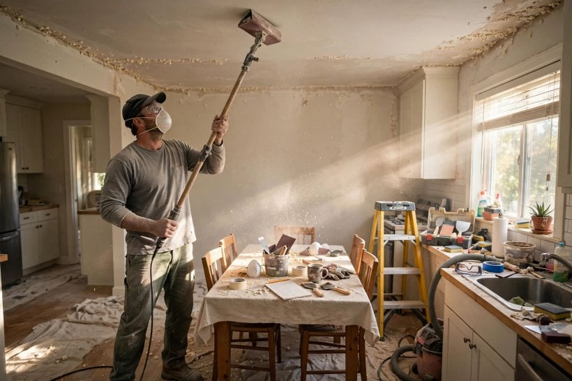 popcorn ceiling removal cost: room sheeted and protected while ceiling work is under way