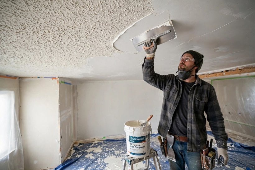 popcorn ceiling removal cost: repaired ceiling joints and patches before skim coating