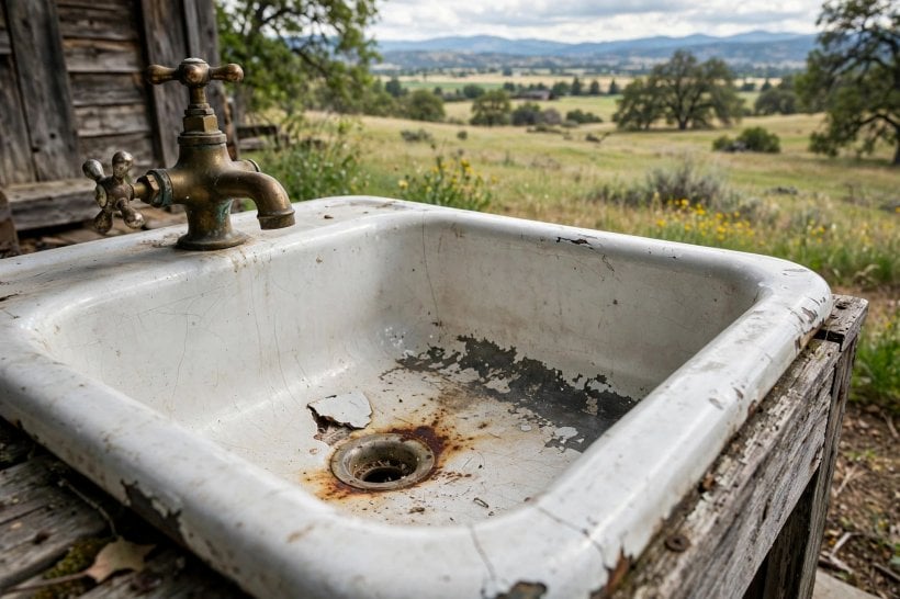 restore porcelain sink: tools and materials laid out beside an old basin