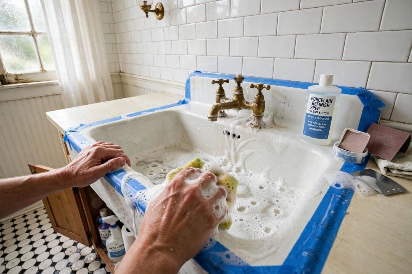 restore porcelain sink: treating rust marks and stains around the drain