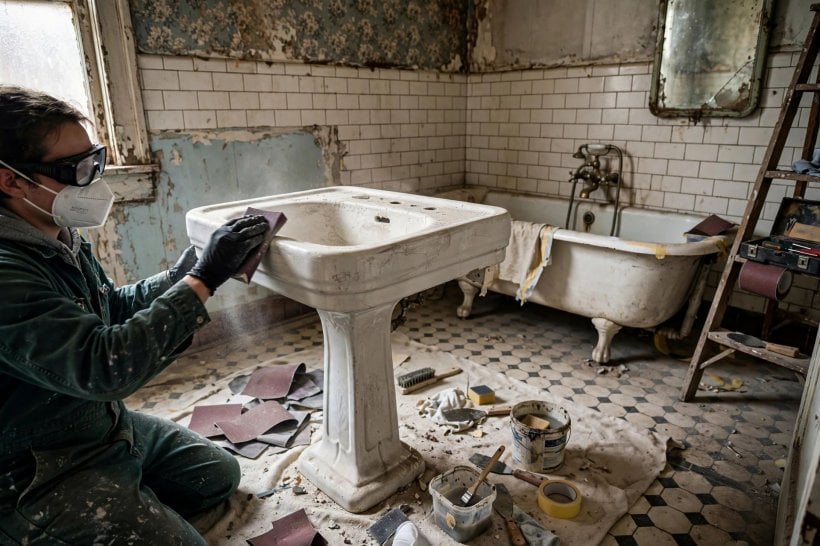 restore porcelain sink: sanding and filling chips to level the surface