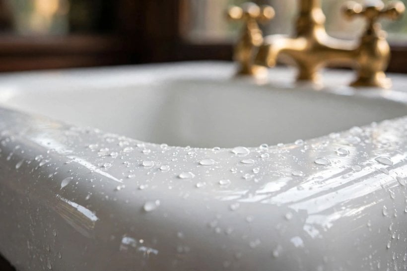 restore porcelain sink: masking taps, walls and cabinet before coating