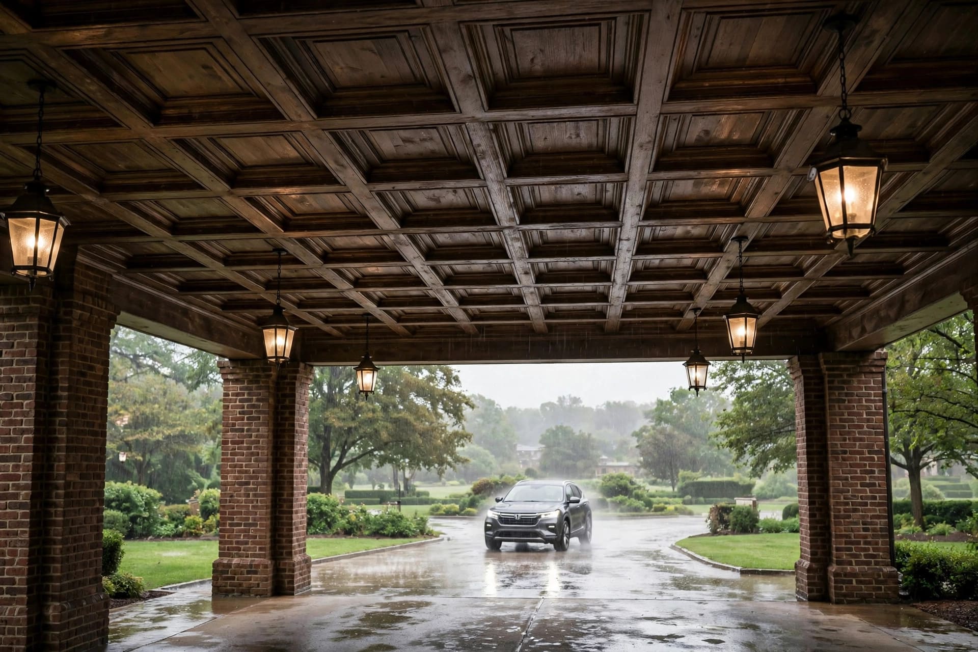porte cochere: pitched roof with a pale boarded ceiling