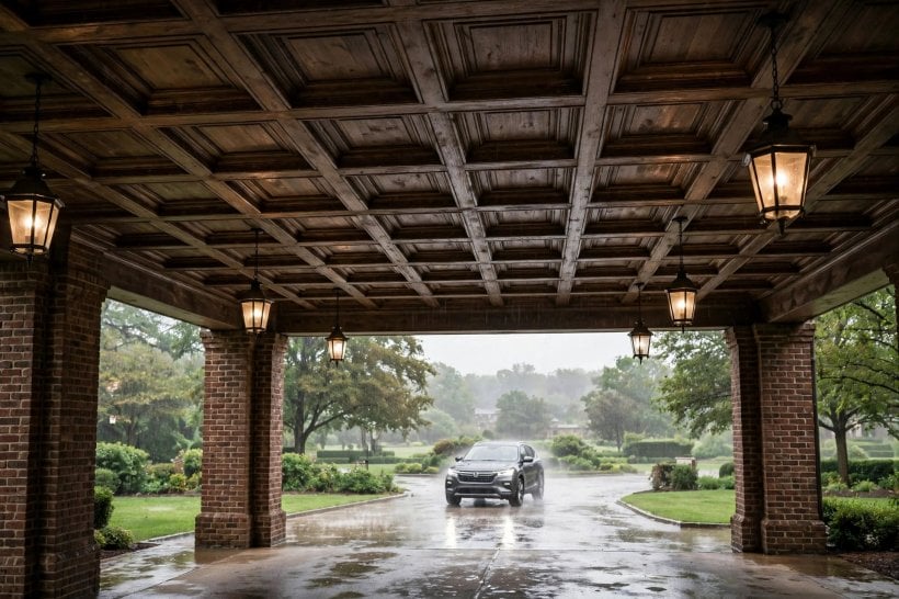 porte cochere: pitched roof with a pale boarded ceiling