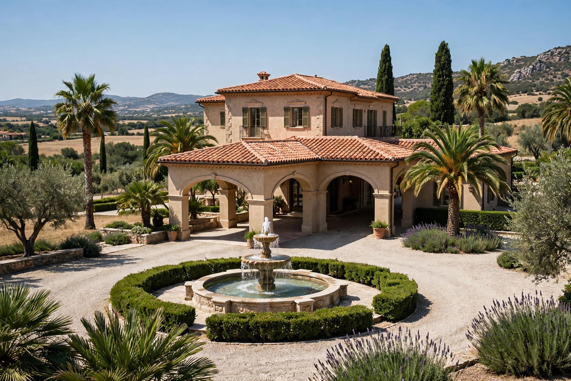 porte cochere: planted edges and a welcoming front door