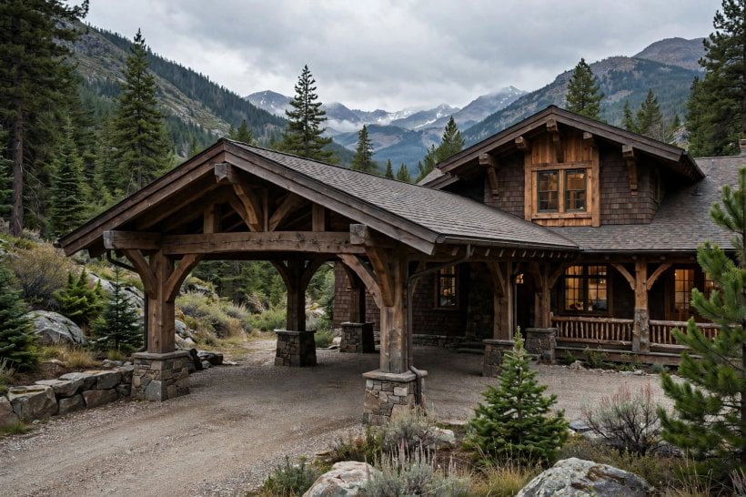 porte cochere: timber posts and stone bases