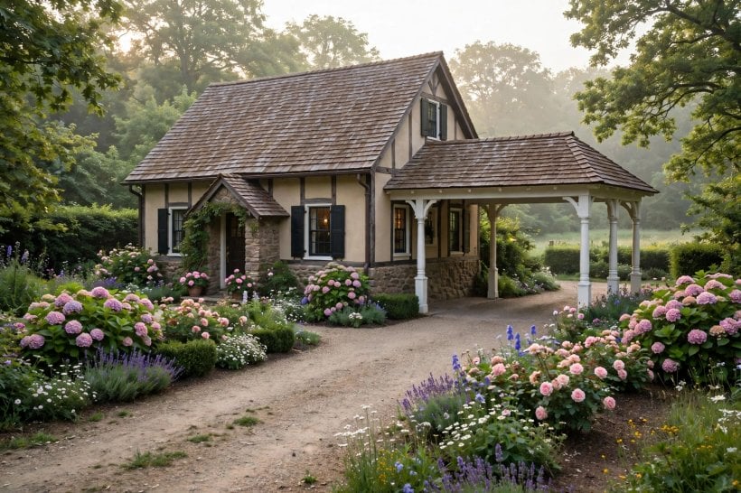 porte cochere: gravel drive beneath the canopy