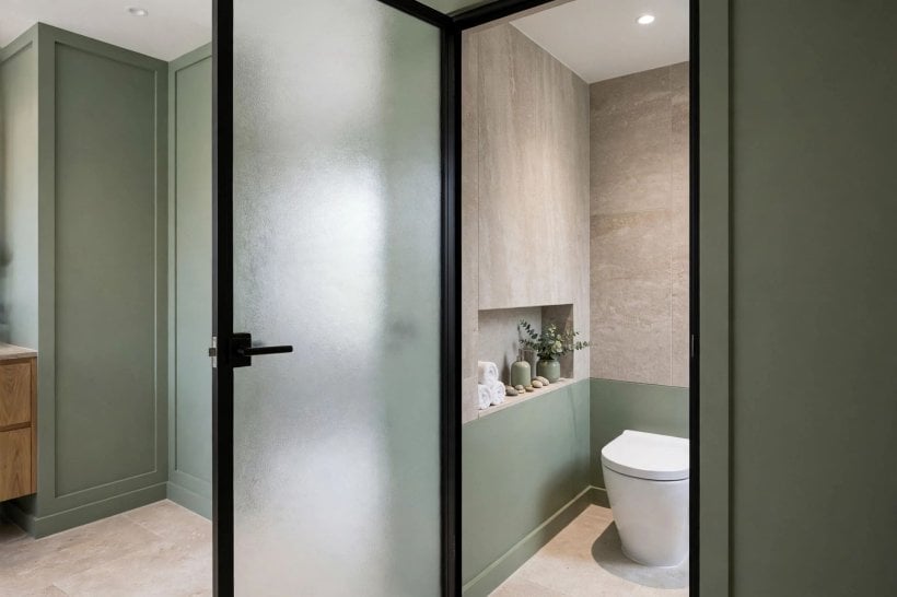 bathroom dimensions: a spacious walk-in shower with bench and fixed glass panel