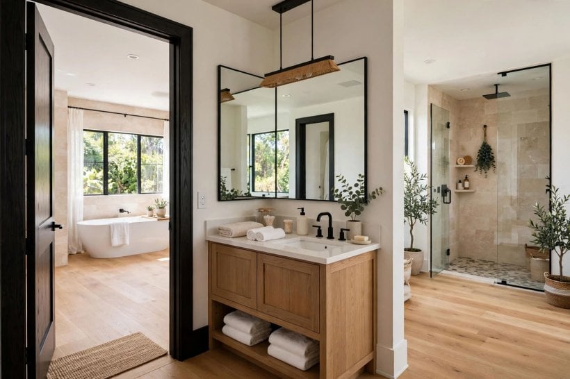 bathroom dimensions: a finished primary bath where standard sizes keep the design balanced