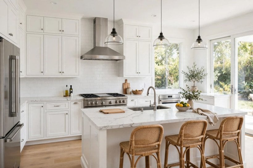 quartz countertops cost: pale quartz counters in a bright family kitchen
