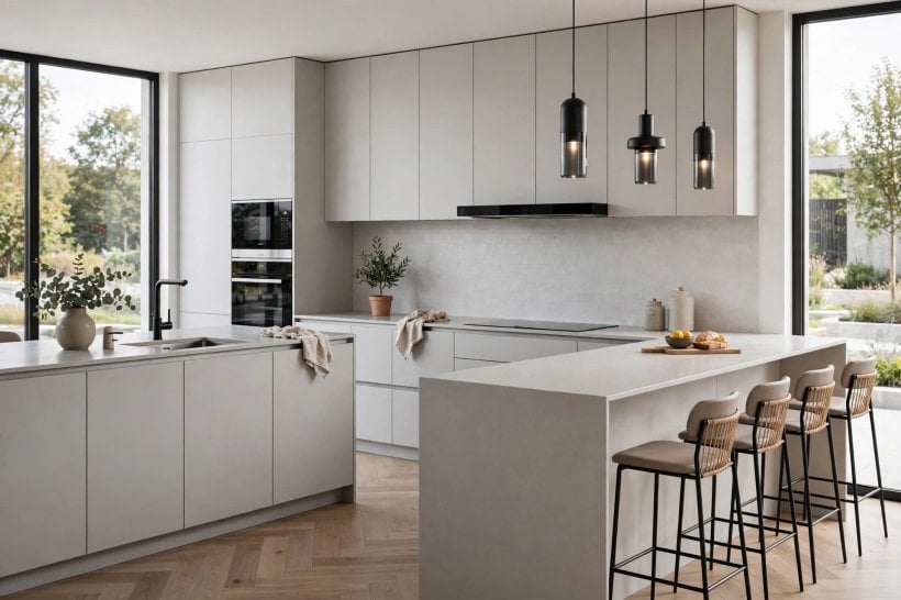 quartz countertops cost: large island topped with veined quartz