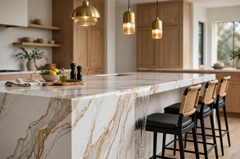 quartz countertops cost: quartz upstand and splashback behind a hob