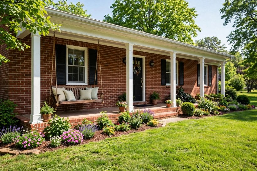 front porch ideas for ranch style homes: long covered porch with rocking chairs