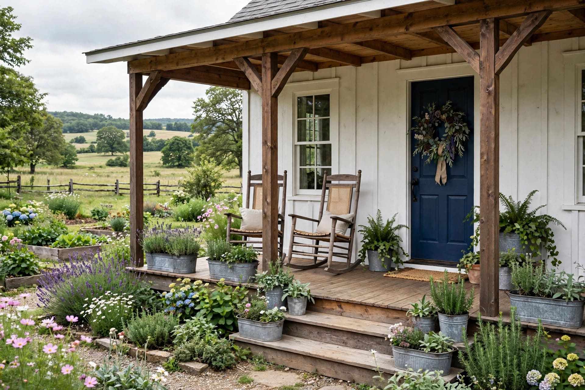front porch ideas for ranch style homes: evening glow from lanterns and wall sconces