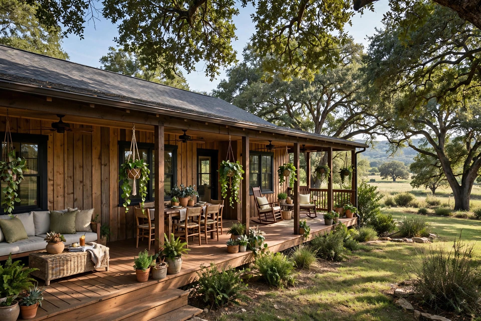 front porch ideas for ranch style homes: planters and hanging baskets softening the porch edge
