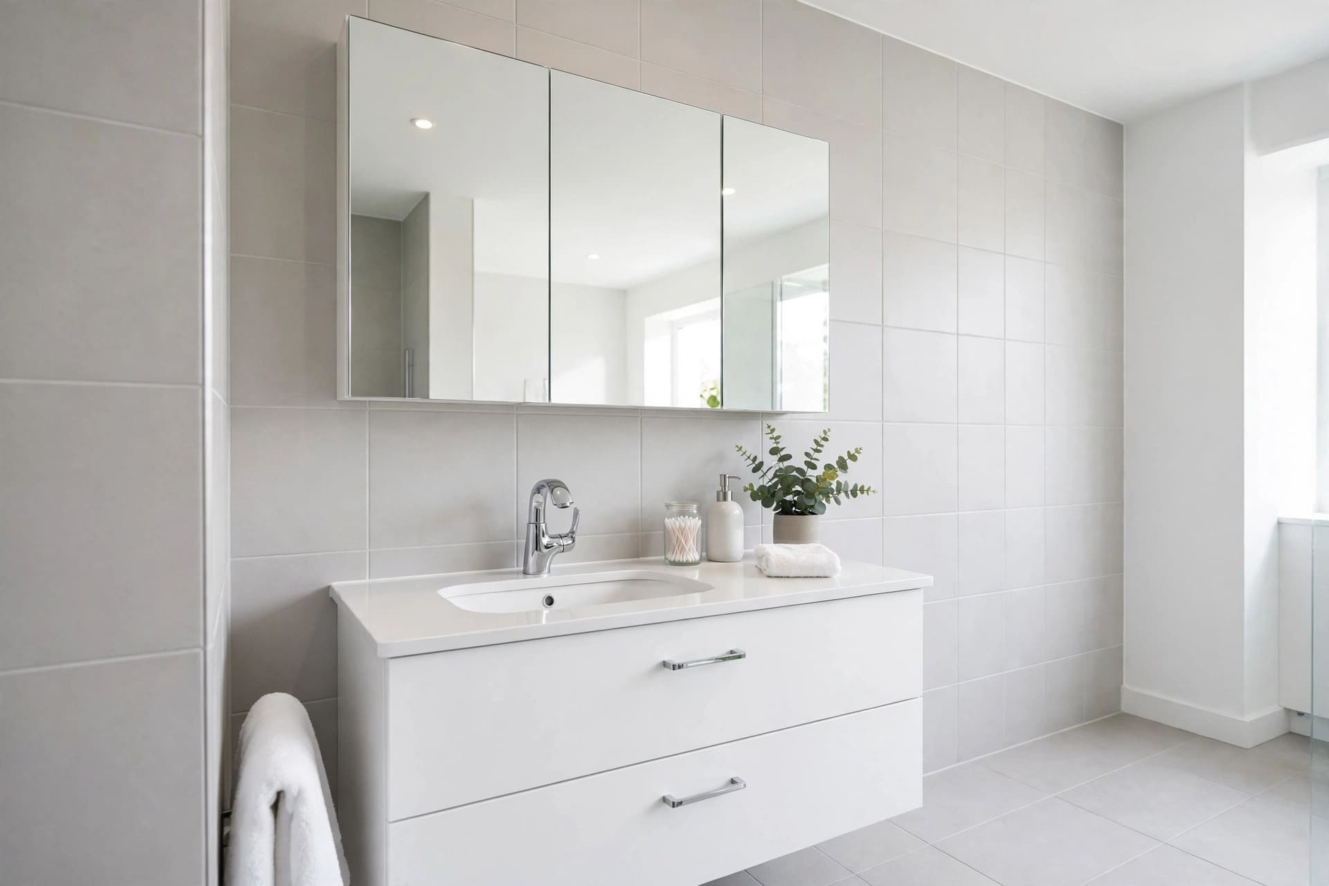 recessed medicine cabinet: wide mirrored door above a basin