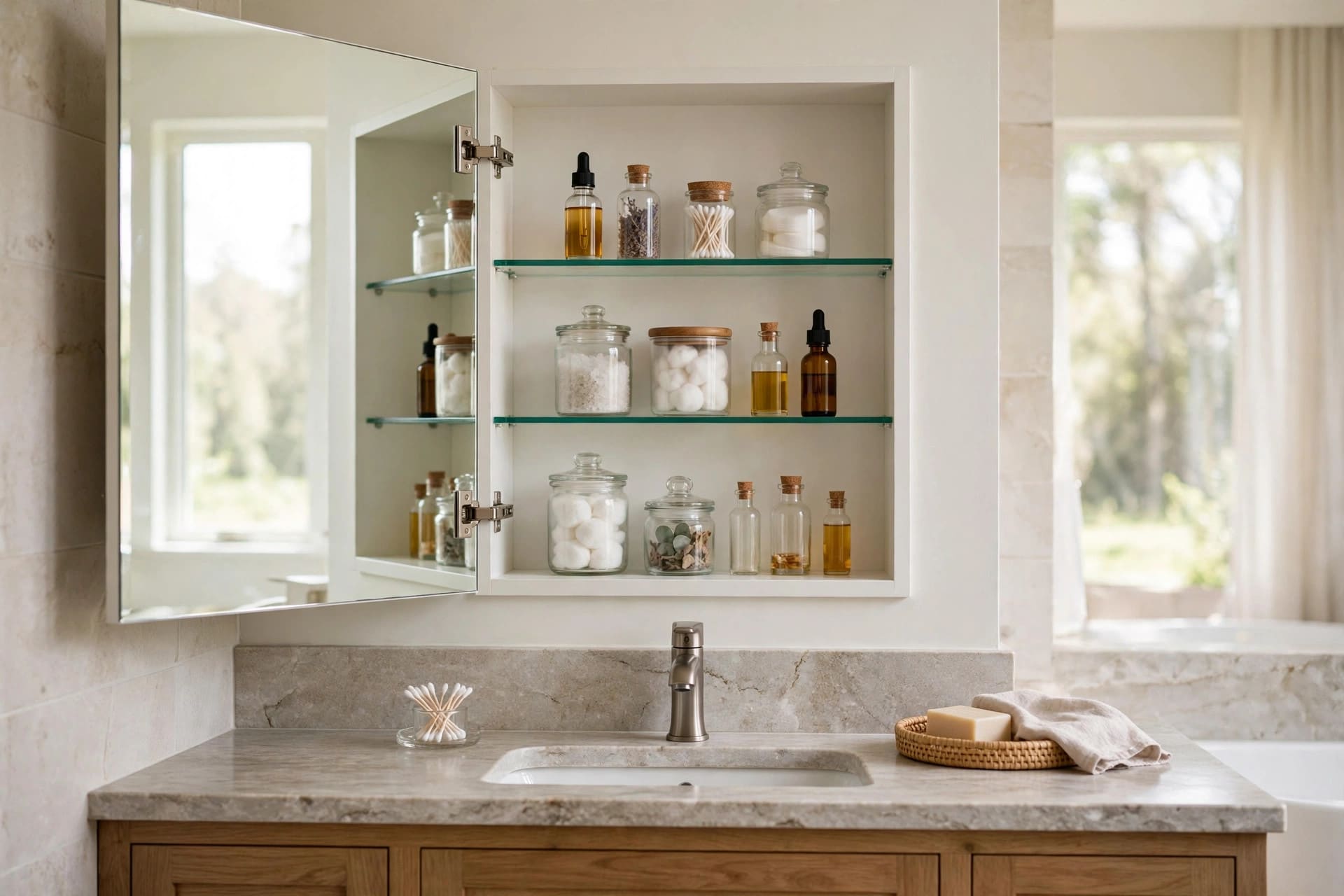 recessed medicine cabinet: paired cabinets over a double vanity