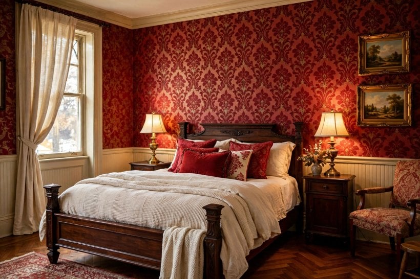 red bedroom: bed centred on a deep feature wall with balanced bedside tables