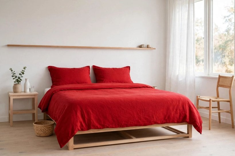 red bedroom: crimson wall softened by cream bedding and natural oak furniture