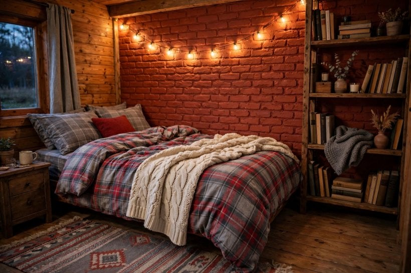 red bedroom: layered bedding in cream and garnet with an upholstered headboard