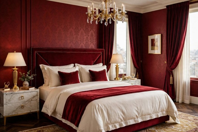 red bedroom: flat-front wardrobes and under-bed drawers in a warm neutral finish