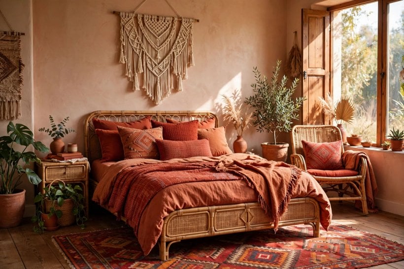 red bedroom: warm bedside lamps and soft evening light against a burgundy wall