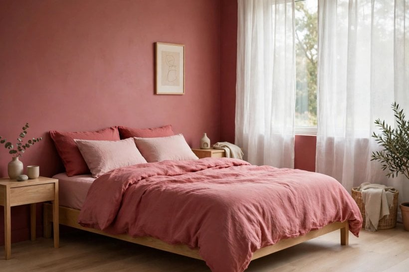 red bedroom: patterned rug, cushions and artwork softening a deep-toned scheme