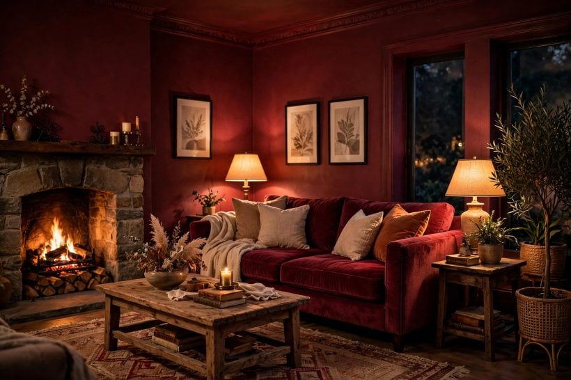 red walls: crimson living room with bold feature wall