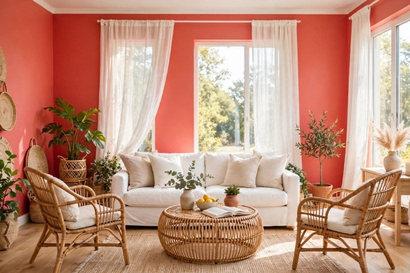 red walls: restful living room pairing red with soft neutrals