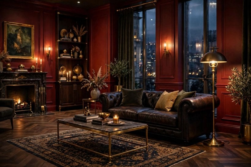 red walls: textured red wall finish in a living room