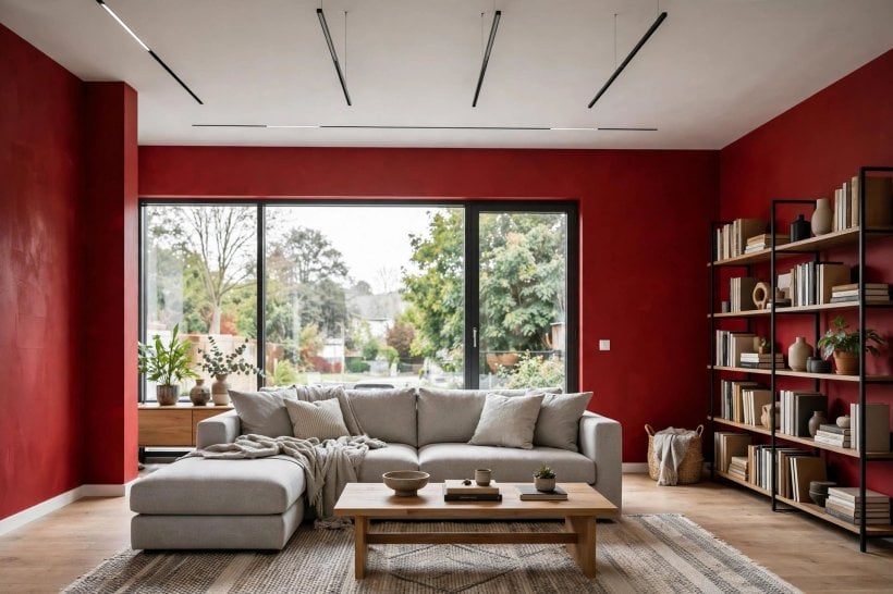 red walls: small living room with a red accent wall
