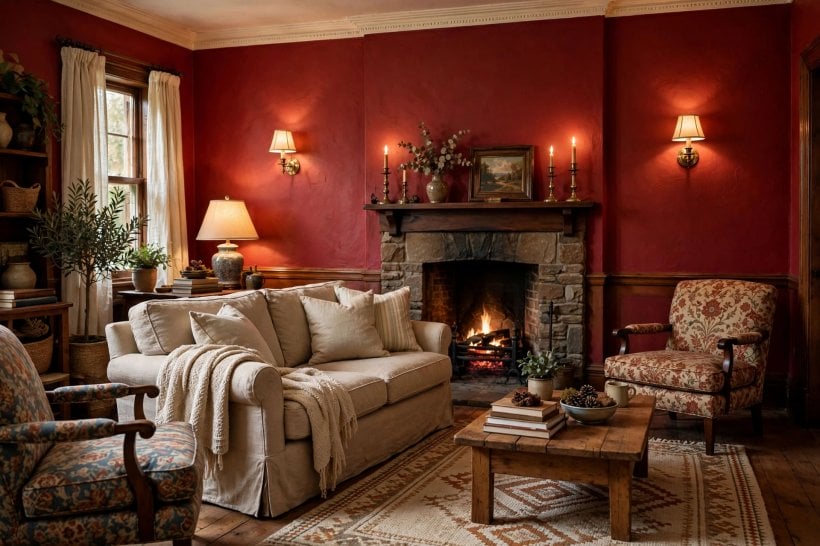 red walls: warmly lit living room with stone fireplace and wall sconces
