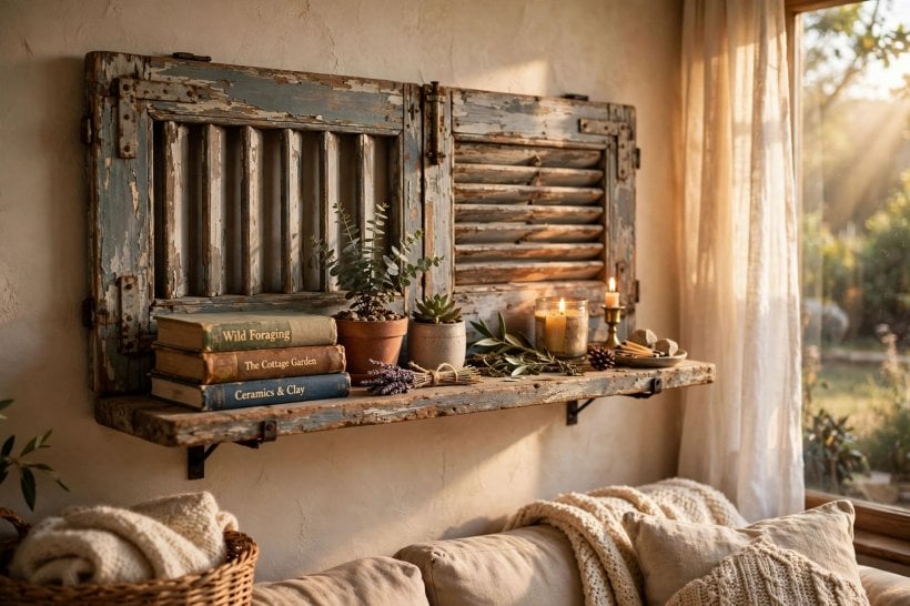 old shutter ideas: painted shutters joined as a bedroom headboard