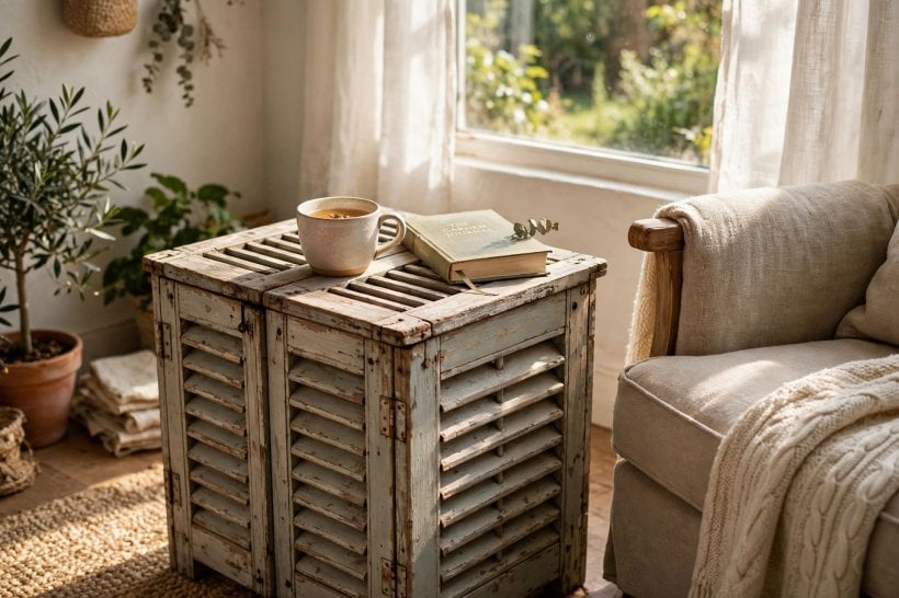 old shutter ideas: shutter slats holding small planted pots of herbs