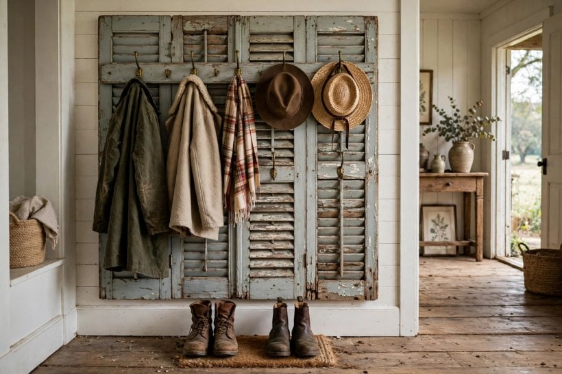 old shutter ideas: photographs and cards clipped between shutter slats