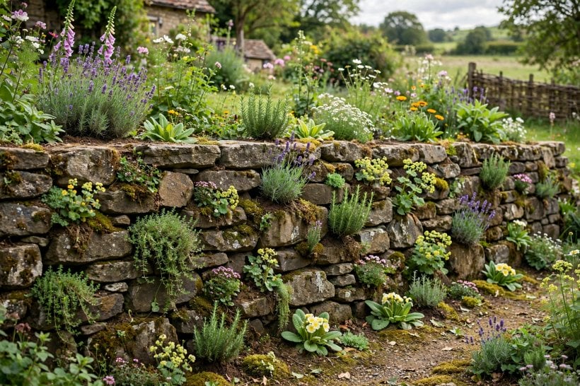 retaining wall ideas: terraced stone walls levelling a sloping garden