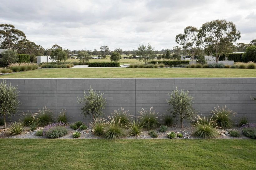retaining wall ideas: coursed stone wall with wide capstones