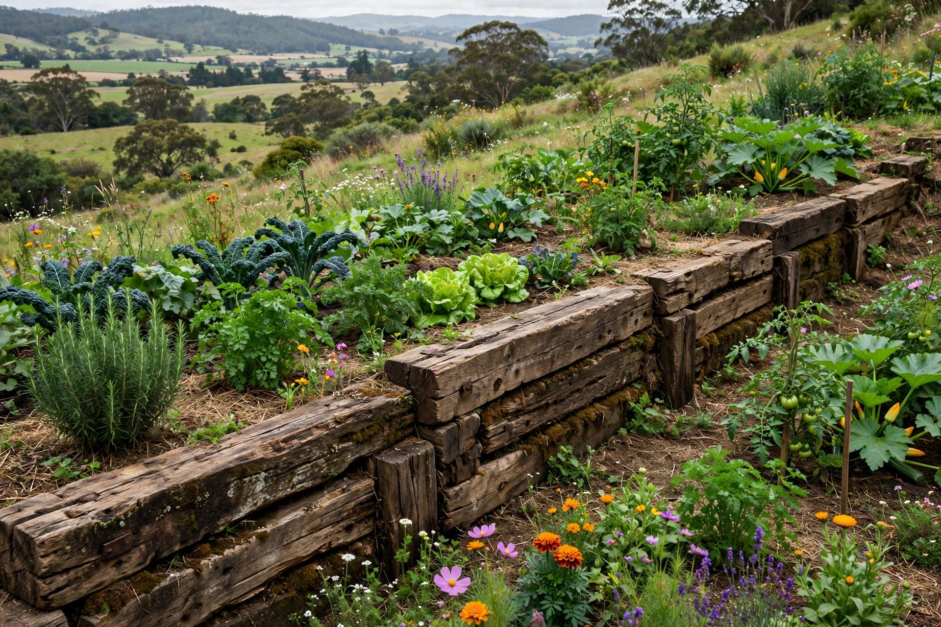 retaining wall ideas: horizontal timber sleepers holding a planted bank