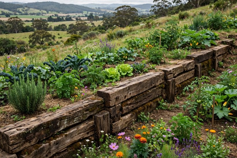 retaining wall ideas: horizontal timber sleepers holding a planted bank