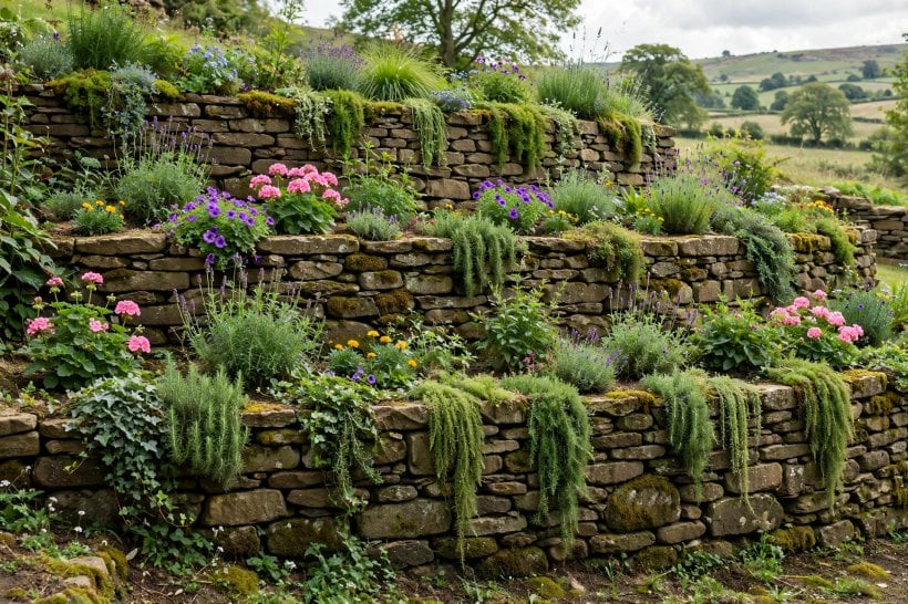 landscape retaining walls: terraced levels with stone walls and planting