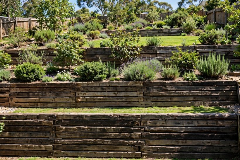 landscape retaining walls: wide steps built between planted walls
