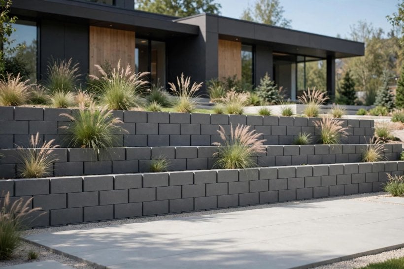 landscape retaining walls: trailing plants softening a stone wall face