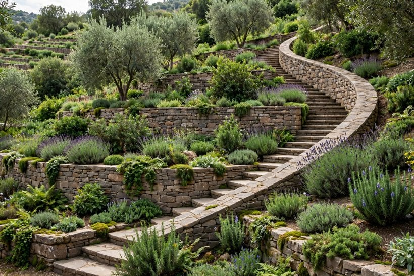 landscape retaining walls: wall-top seating beside a raised bed