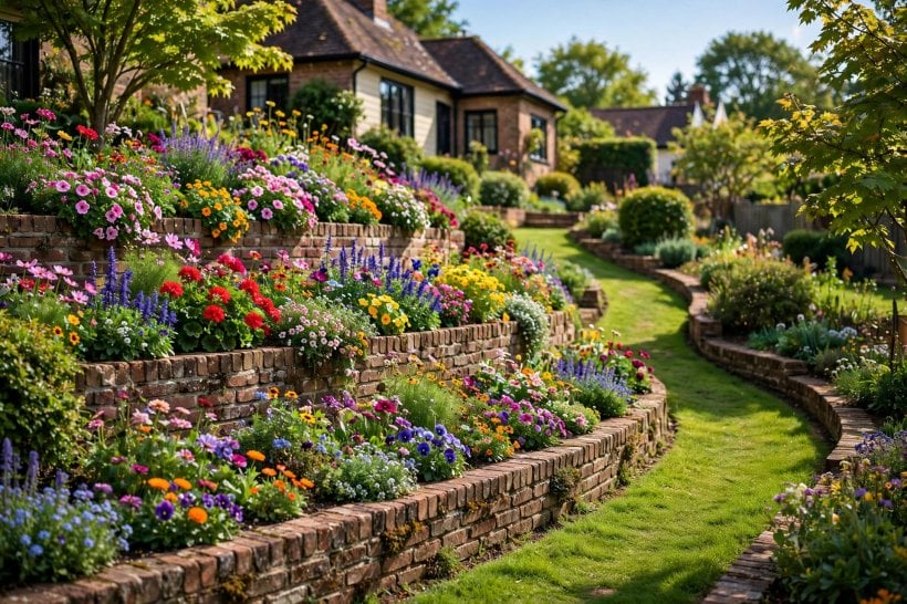 landscape retaining walls: well-kept terraced garden in summer
