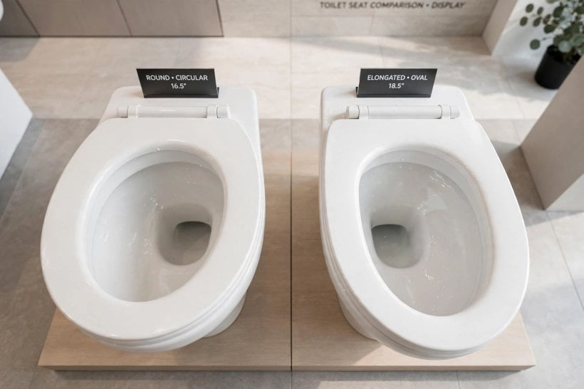 round vs elongated toilet: compact round bowl saving space in a small bathroom