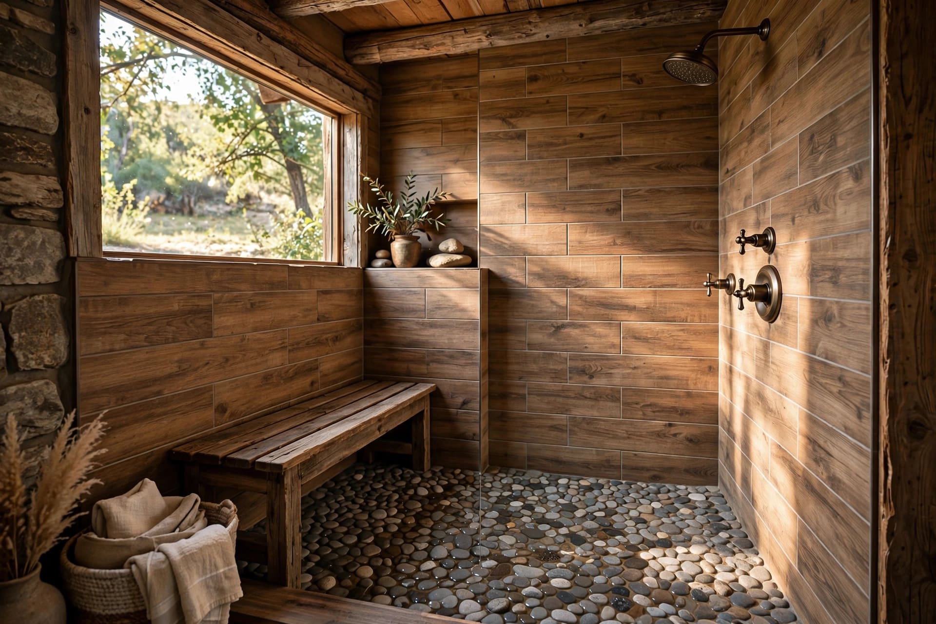 rustic bathroom: reclaimed wood vanity with a stone vessel sink