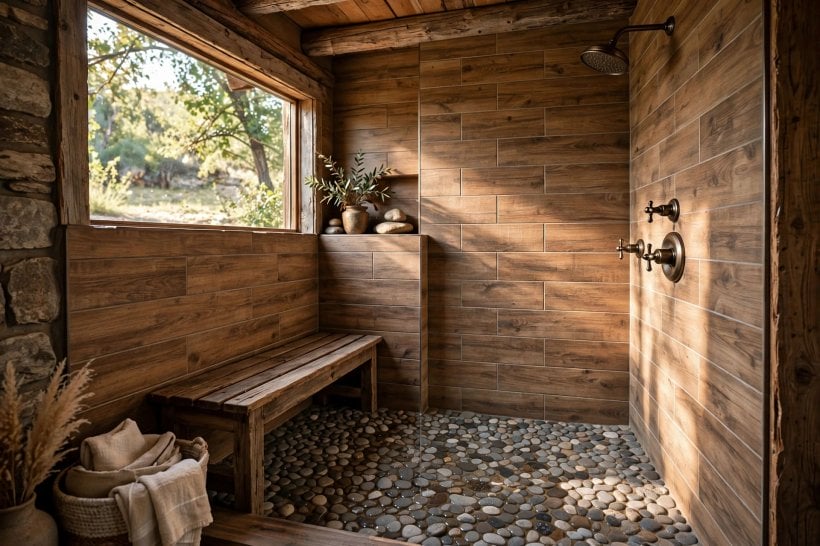 rustic bathroom: reclaimed wood vanity with a stone vessel sink