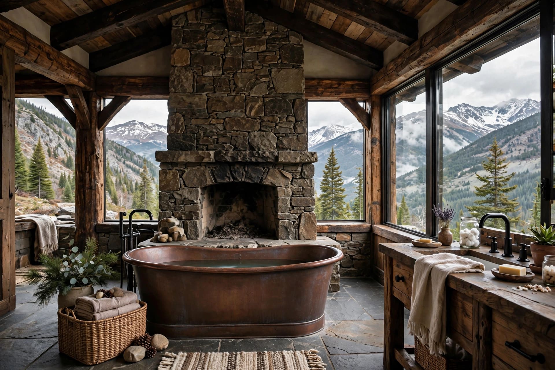 rustic bathroom: open timber shelves with folded towels and baskets