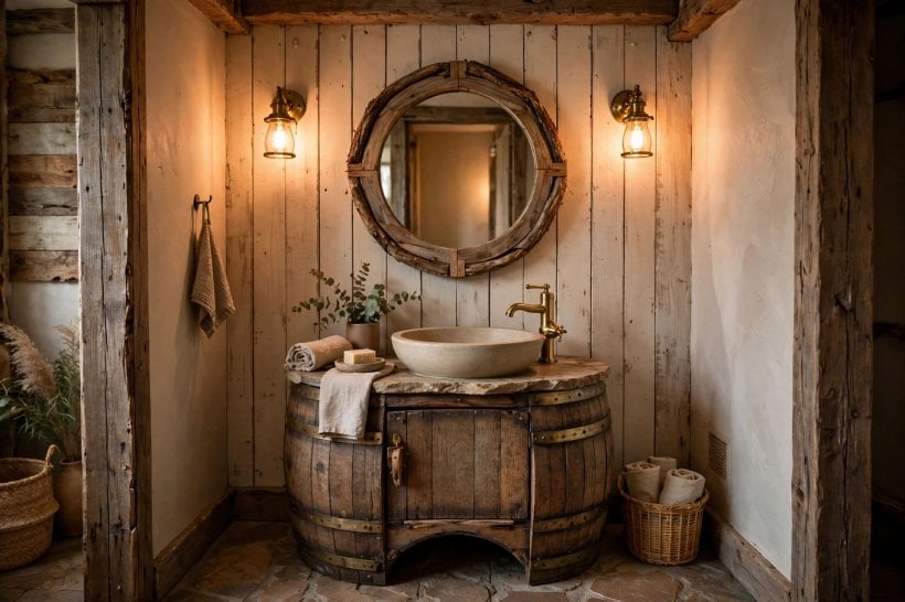 rustic bathroom: walk-in shower with stone-look tiles and a timber stool